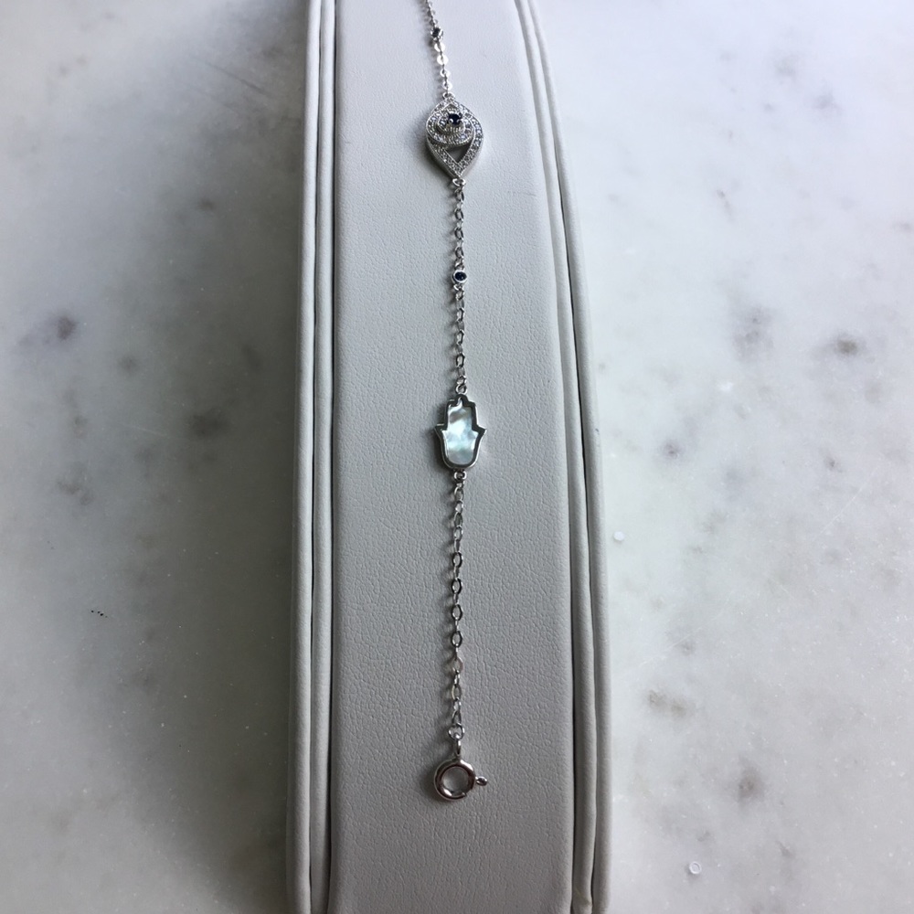 Sterling Silver CZ Evil Eye & MOP Hamsa Bracelet - Picture 10 of 13
